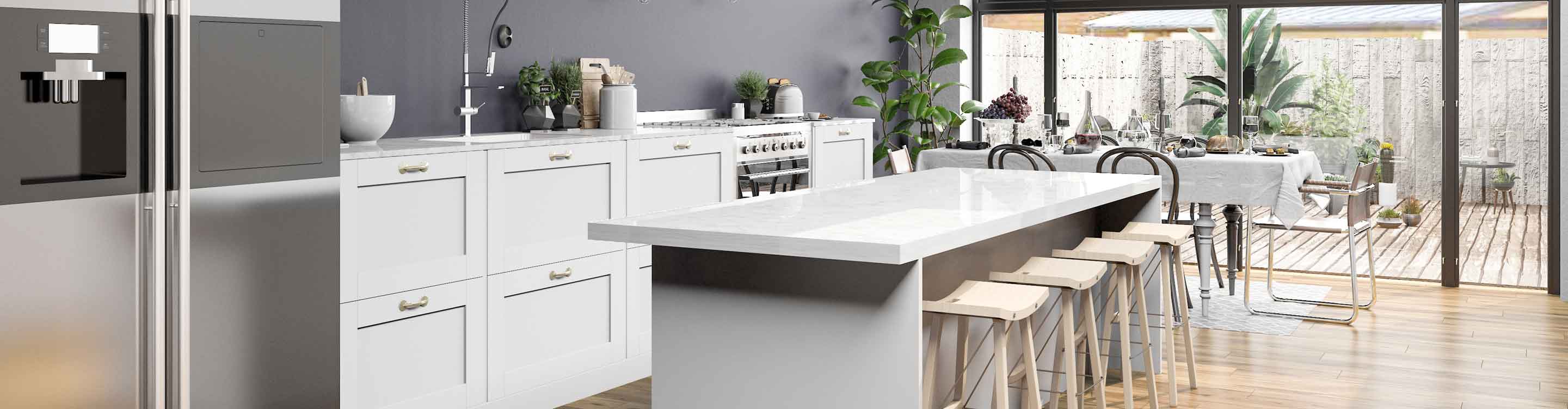 quartz white countertops in white Worland, WY, kitchen